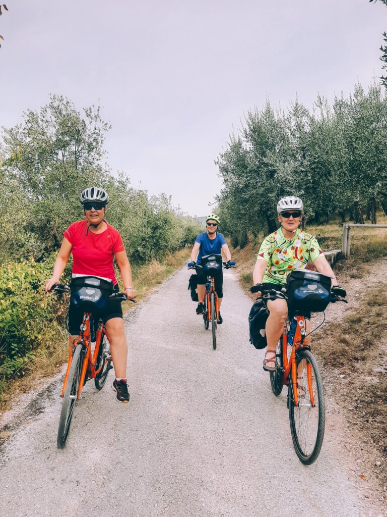 Three cyclists with Girolibero bikes on a trail among olive trees in the Umbrian countryside.